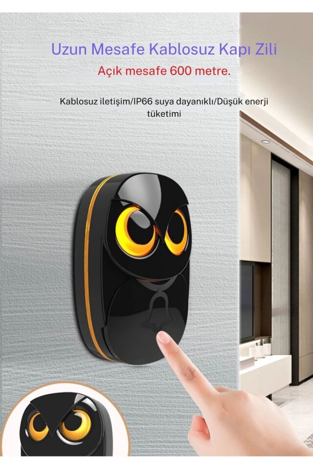 Kablosuz Kapı Zili Sevimli Baykuş Işıklı 1Alıcı 2Buton 35 Zil Sesi 5 Ses Seviyesi Çağrı