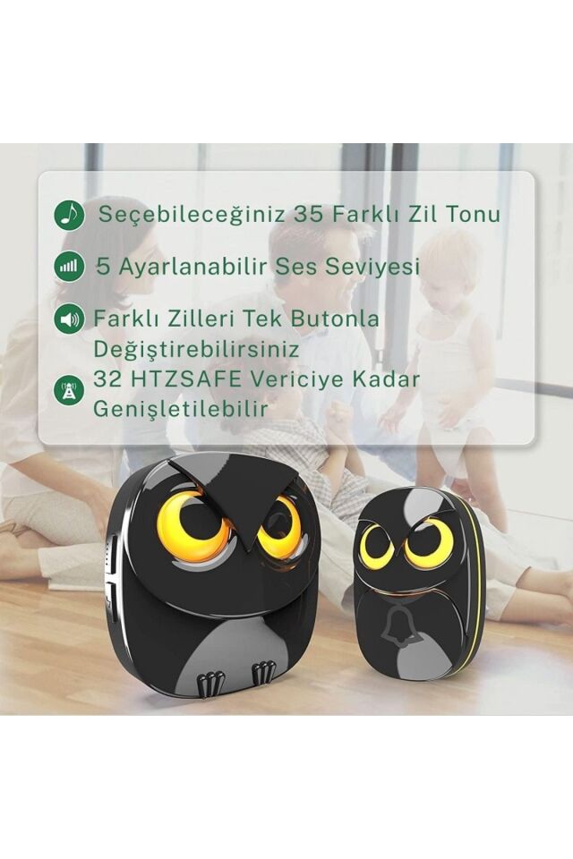 Kablosuz 2Alıcı 1Buton Kapı Zili Işıklı Baykuş 35 Melodi 5 Ses Seviyeli Hasta Çağırma Butonu