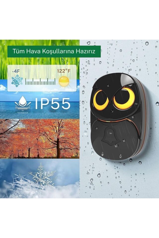 Kablosuz 2Alıcı 1Buton Kapı Zili Işıklı Baykuş 35 Melodi 5 Ses Seviyeli Hasta Çağırma Butonu