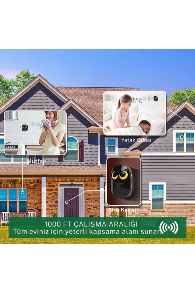 Kablosuz 2Alıcı 1Buton Kapı Zili Işıklı Baykuş 35 Melodi 5 Ses Seviyeli Hasta Çağırma Butonu