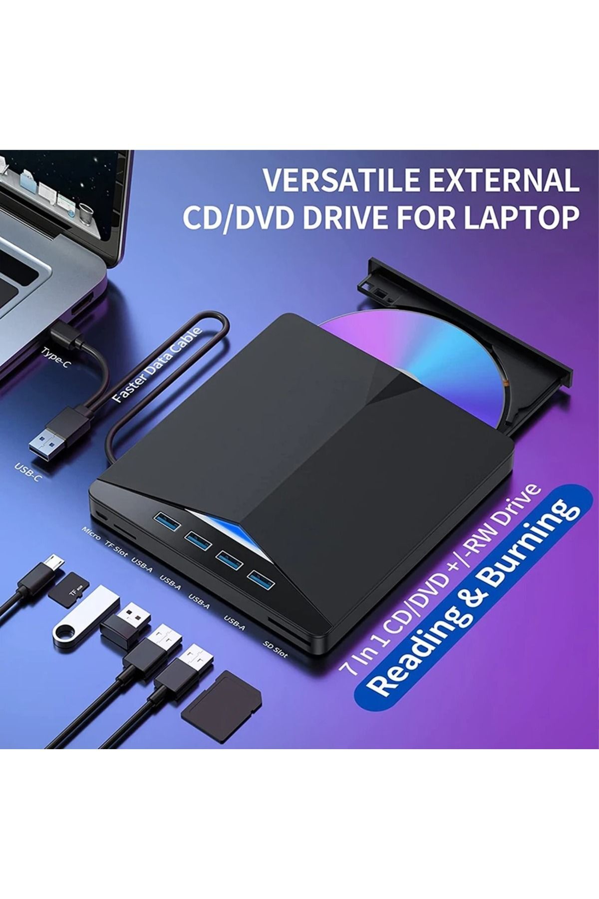 7in1 Harici DVD-ROM USB 3.0 HUB Çoğaltıcı TF SD Kart Okuyucu Type C Kablolu DVD Player CD