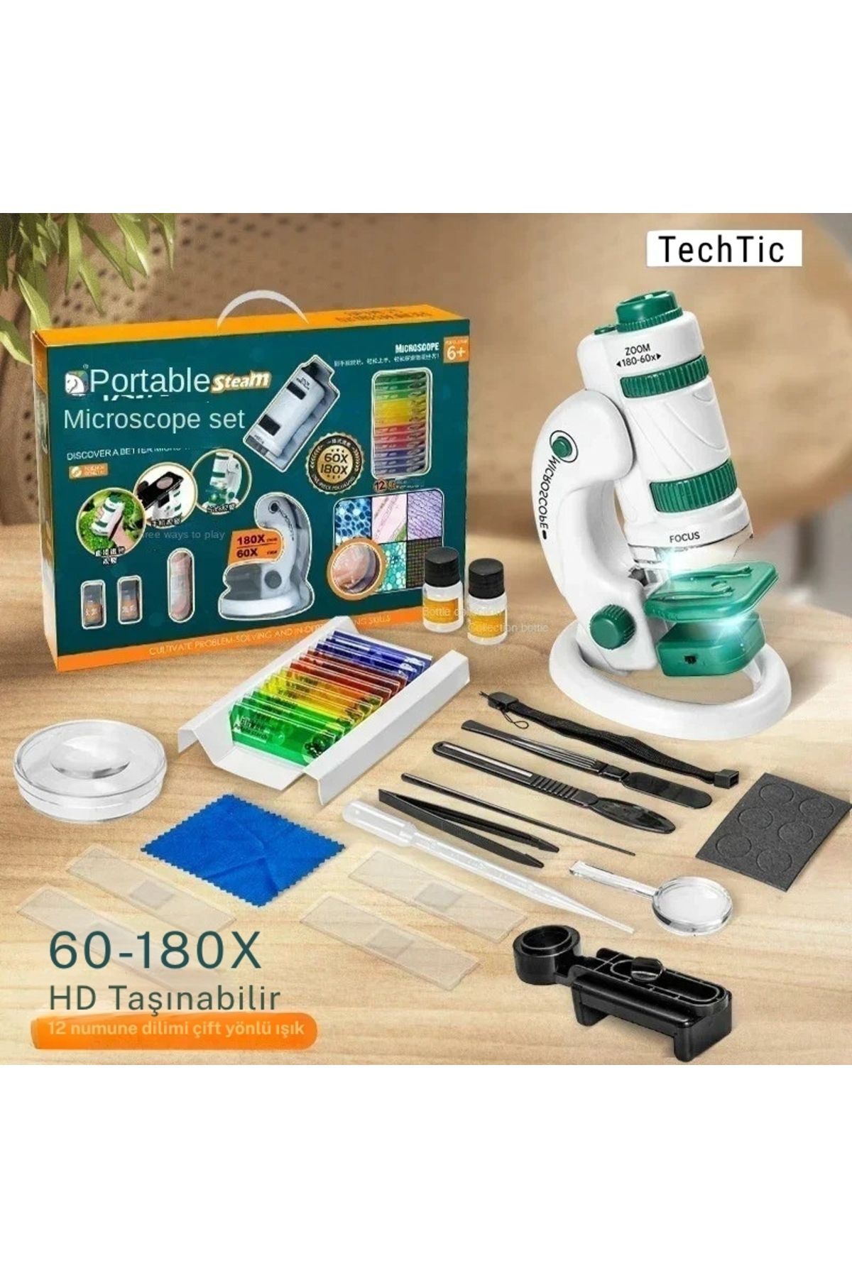 Dijital Mikroskop Seti 60-180x Büyütme El Mini Eğitici Çocuk Mikroskobu 21 Parça Eğitici Set
