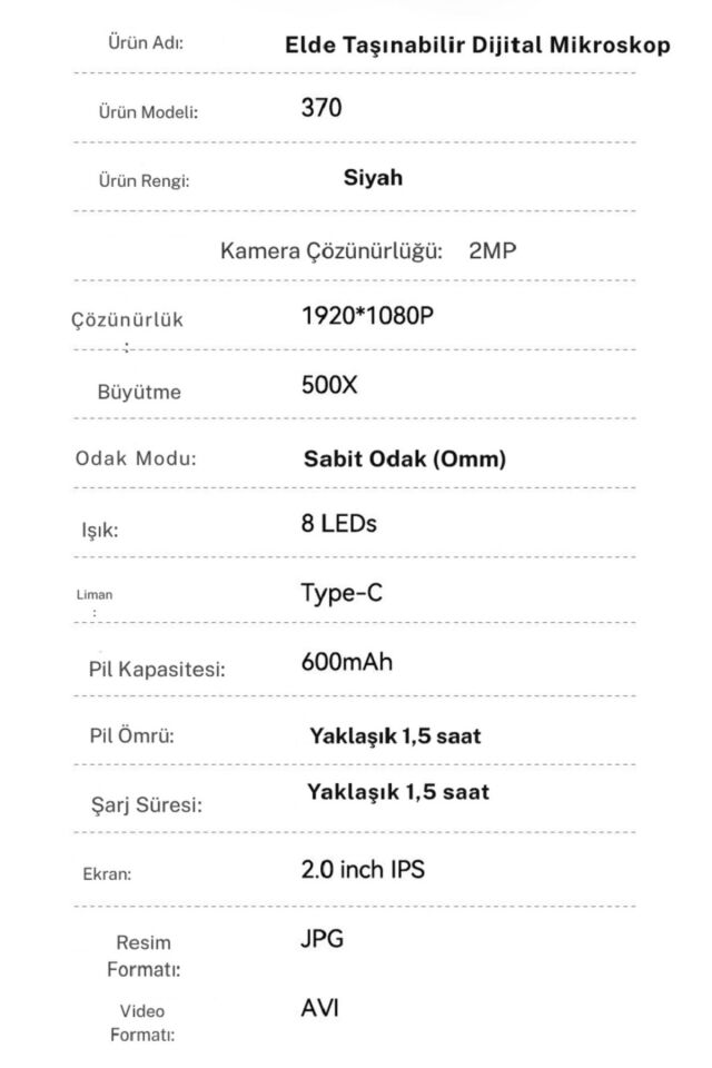 Dijital Mini El Mikroskobu 2İnç Ekran 1080 P 500X Video-Fotoğraf 8LED Tekstil Cilt Analizi