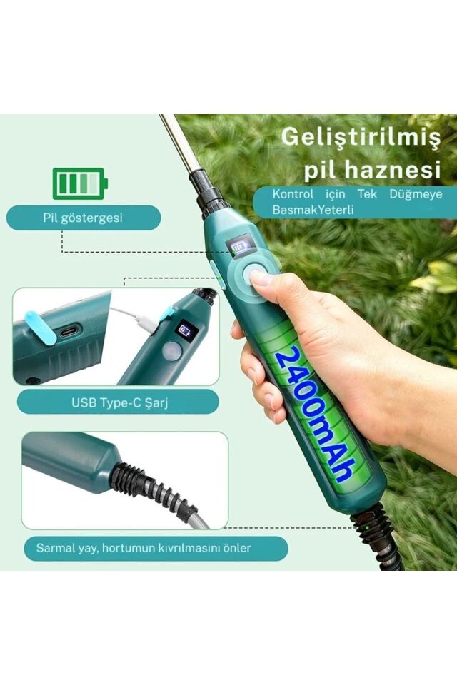 Yüksek Basınçlı Taşınabilir Elektrikli Bahçe Püskürtücü 3 Nozullu 2400mAh Bahçe Sulama Aracı