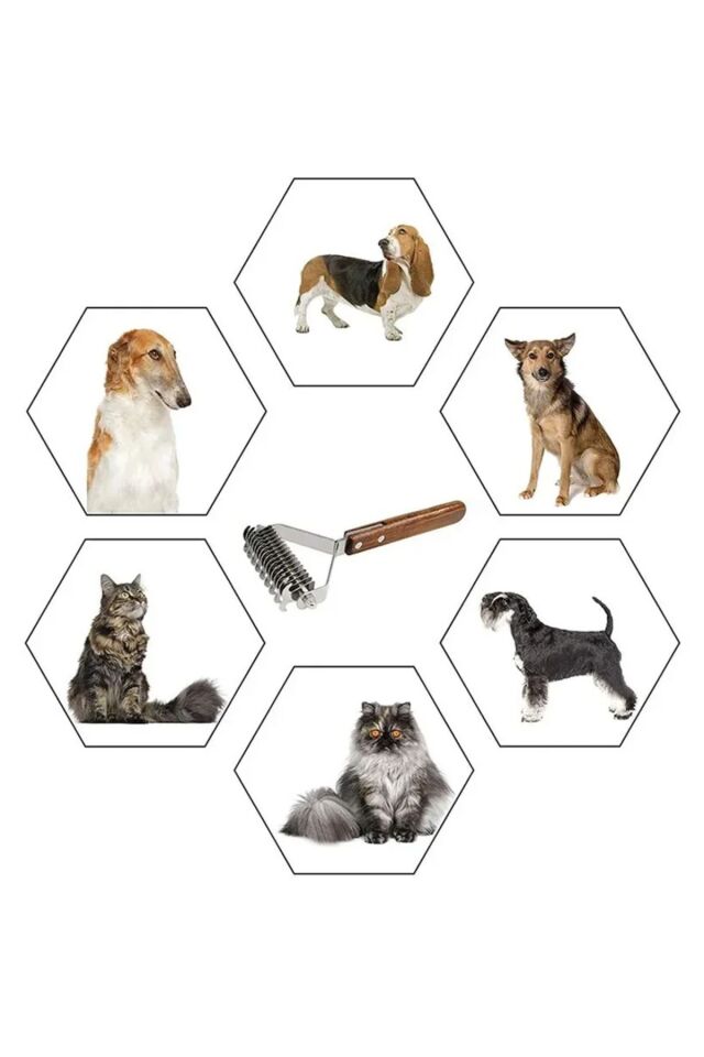 Evcil Hayvan Tarağı Çift Taraflı Kedi Köpek Kıtık Tüy Topak Açıcı Metal Dişli Ahşap Saplı