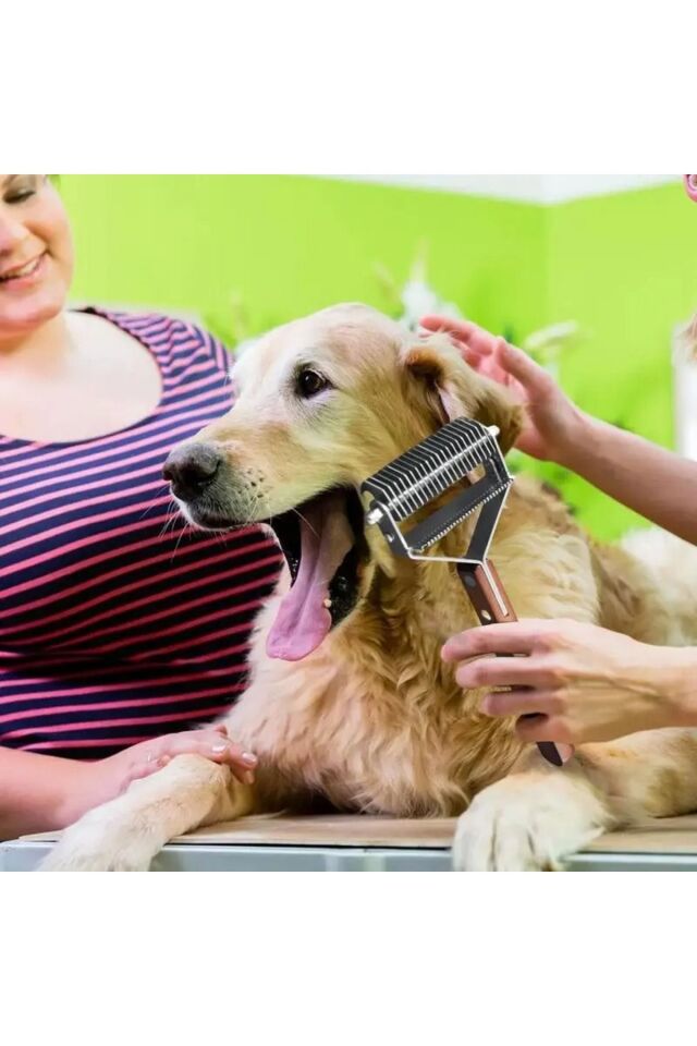 Evcil Hayvan Tarağı Çift Taraflı Kedi Köpek Kıtık Tüy Topak Açıcı Metal Dişli Ahşap Saplı