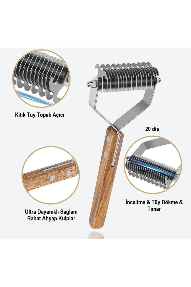 Evcil Hayvan Tarağı Çift Taraflı Kedi Köpek Kıtık Tüy Topak Açıcı Metal Dişli Ahşap Saplı
