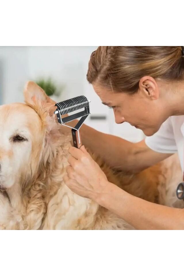 Evcil Hayvan Tarağı Çift Taraflı Kedi Köpek Kıtık Tüy Topak Açıcı Metal Dişli Ahşap Saplı