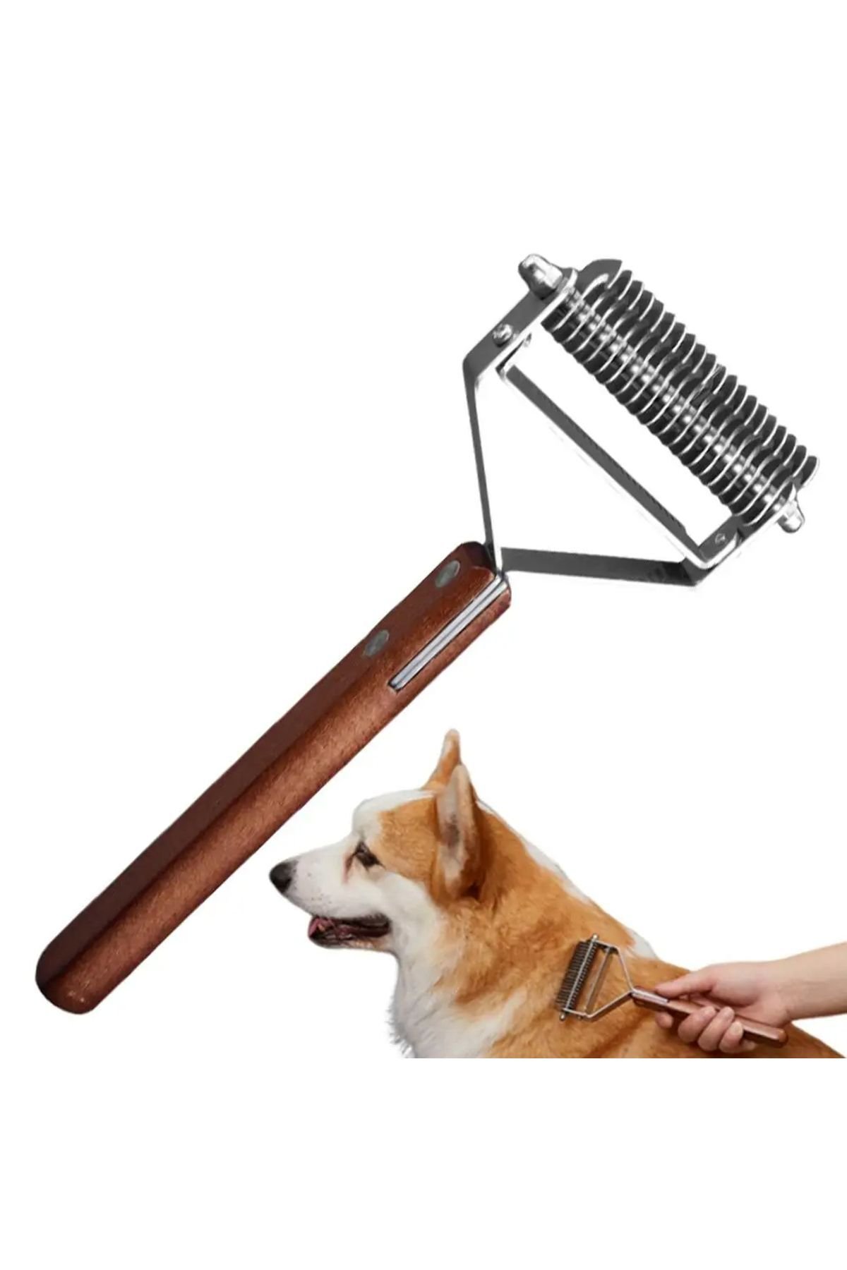 Evcil Hayvan Tarağı Çift Taraflı Kedi Köpek Kıtık Tüy Topak Açıcı Metal Dişli Ahşap Saplı