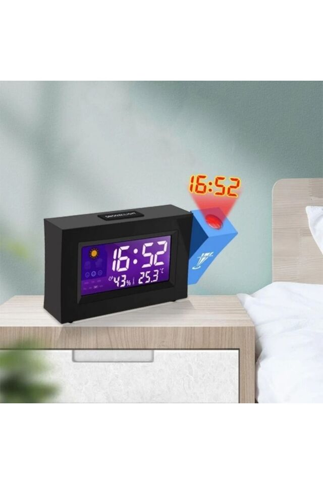 Projeksiyonlu Masa Saati Derece Nem Tarih Göstergeli Çalar Saat Alarm Duvara Yansıtmalı Saat