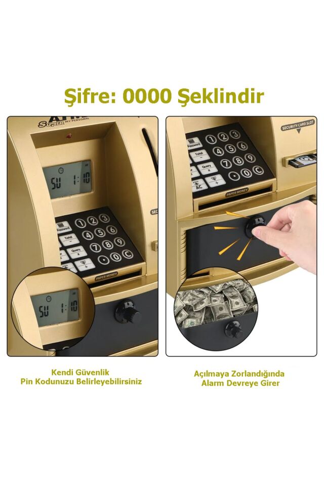 LCD Ekran ATM Şifreli Kumbara Kağıt Demir Para Girişli Kartlı Sesli Yönlendirme Takvim Saat