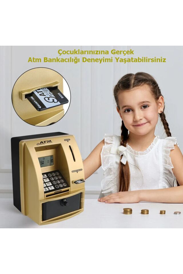 LCD Ekran ATM Şifreli Kumbara Kağıt Demir Para Girişli Kartlı Sesli Yönlendirme Takvim Saat