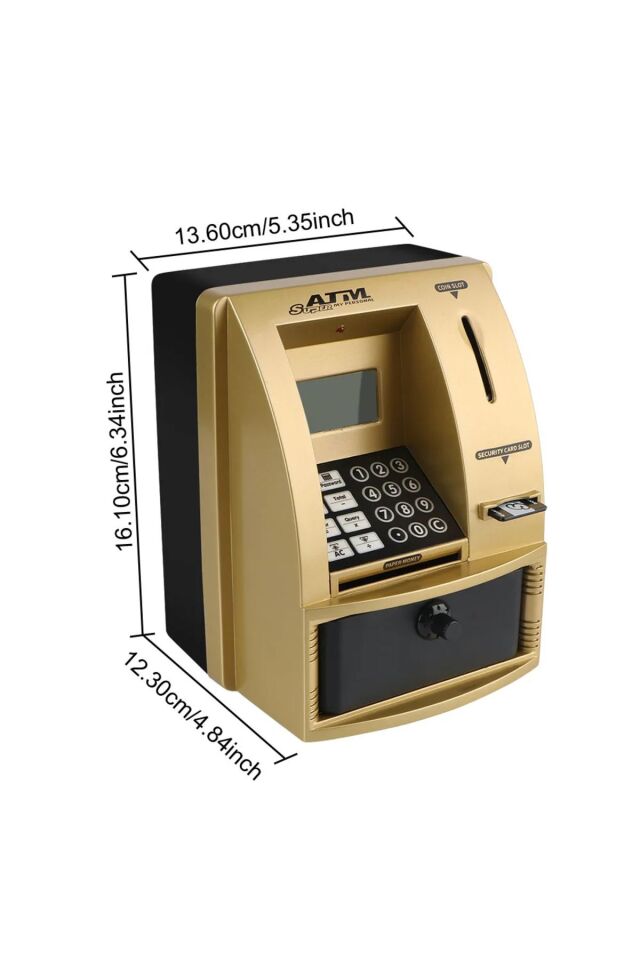 LCD Ekran ATM Şifreli Kumbara Kağıt Demir Para Girişli Kartlı Sesli Yönlendirme Takvim Saat