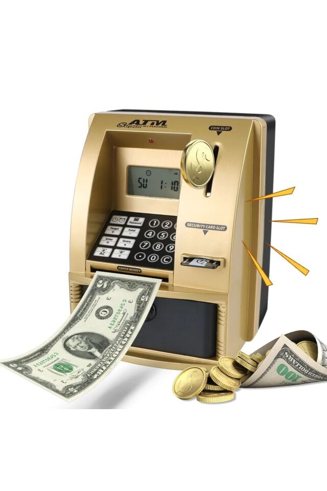 LCD Ekran ATM Şifreli Kumbara Kağıt Demir Para Girişli Kartlı Sesli Yönlendirme Takvim Saat