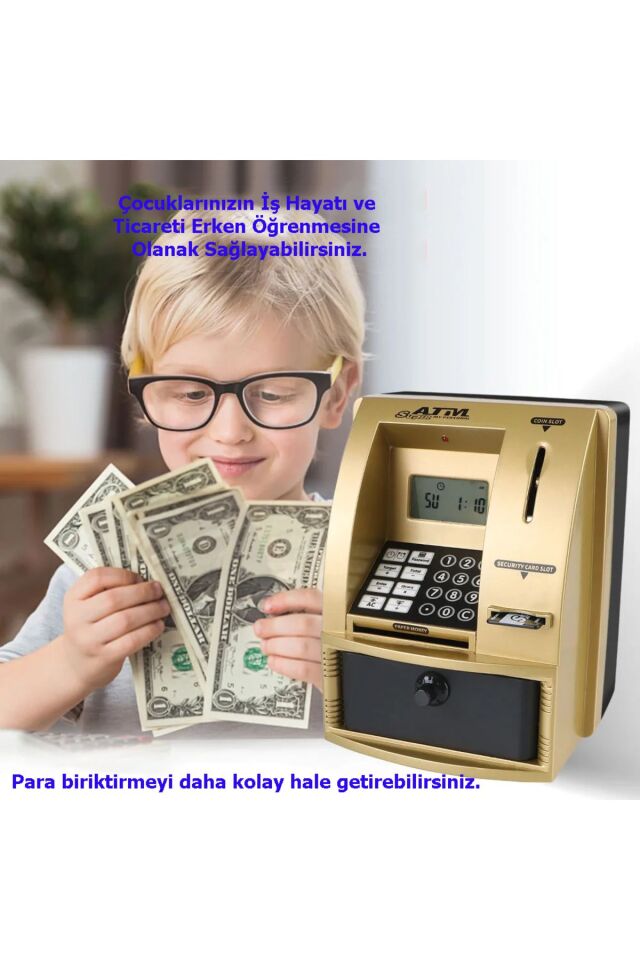 LCD Ekran ATM Şifreli Kumbara Kağıt Demir Para Girişli Kartlı Sesli Yönlendirme Takvim Saat