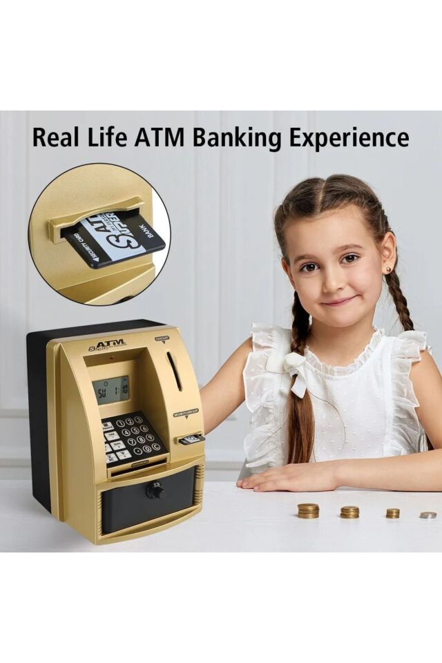 LCD Ekran ATM Şifreli Kumbara Kağıt Demir Para Girişli Kartlı Sesli Yönlendirme Takvim Saat