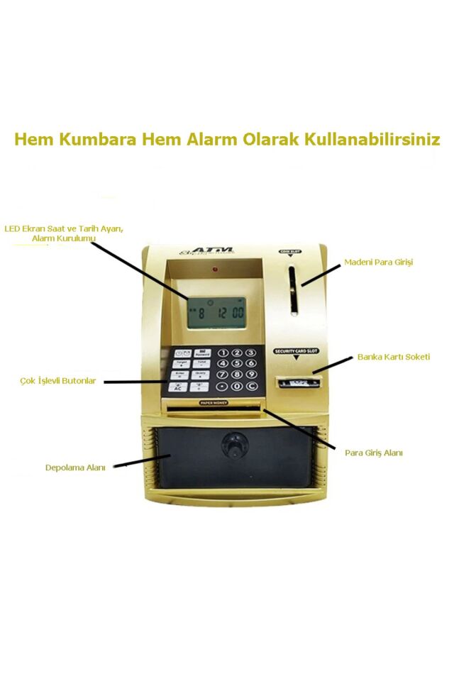 LCD Ekran ATM Şifreli Kumbara Kağıt Demir Para Girişli Kartlı Sesli Yönlendirme Takvim Saat