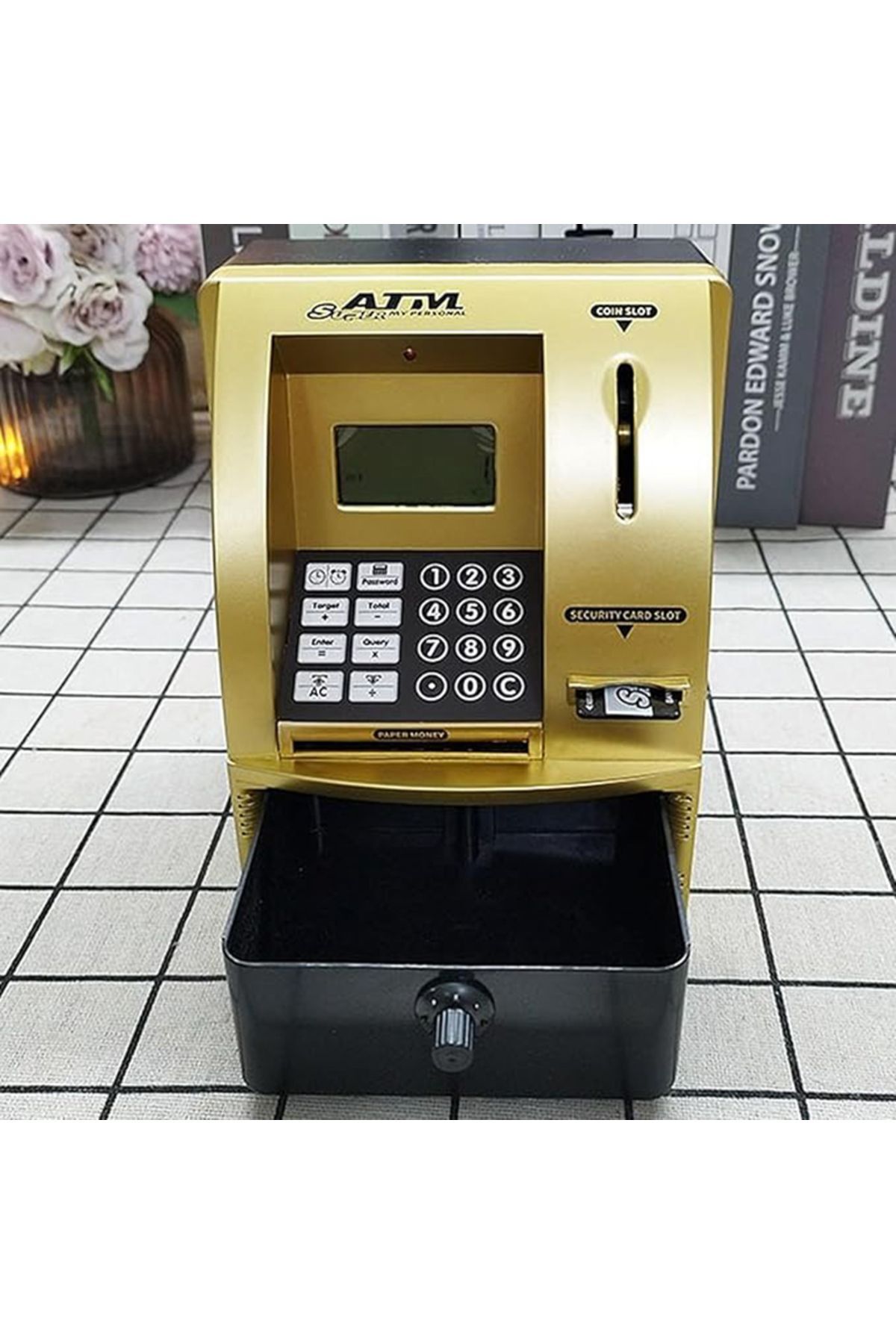 LCD Ekran ATM Şifreli Kumbara Kağıt Demir Para Girişli Kartlı Sesli Yönlendirme Takvim Saat