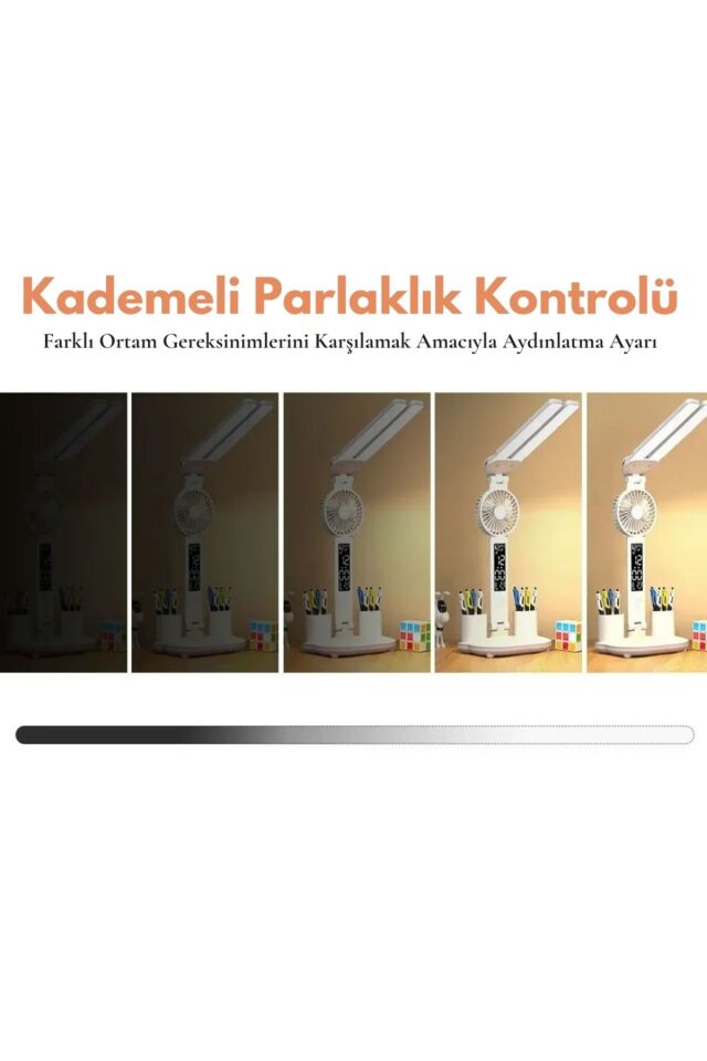 6in1 Fanlı 2Başlı Masa Lambası Saat Takvim Derece Kalemlik Şarjlı Masaüstü Fanlı Şarjlı Işık