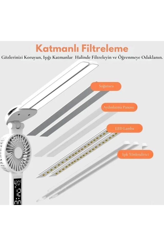 6in1 Fanlı 2Başlı Masa Lambası Saat Takvim Derece Kalemlik Şarjlı Masaüstü Fanlı Şarjlı Işık