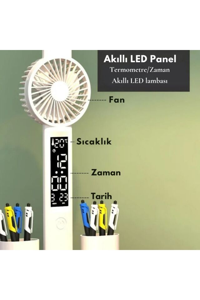 6in1 Fanlı 2Başlı Masa Lambası Saat Takvim Derece Kalemlik Şarjlı Masaüstü Fanlı Şarjlı Işık