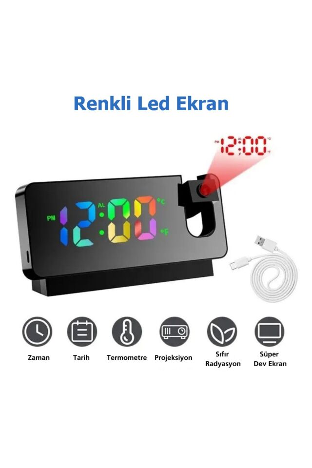 Çok Fonksiyonlu Projeksiyon Masa Saati Renkli Ekran Alarmlı Takvim Derece Aynalı Yansıtmalı