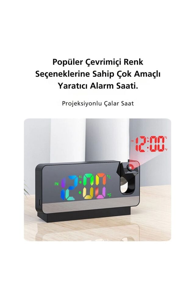 Çok Fonksiyonlu Projeksiyon Masa Saati Renkli Ekran Alarmlı Takvim Derece Aynalı Yansıtmalı