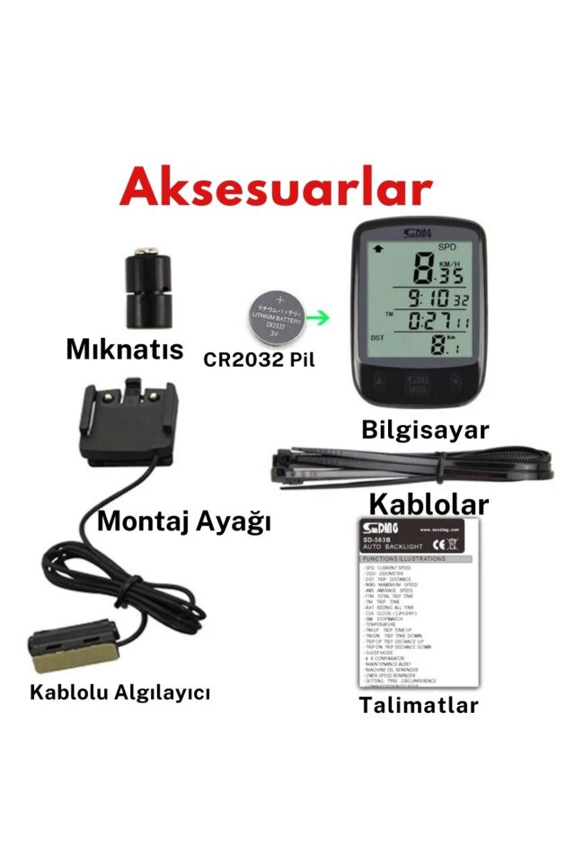 Sunding Bisiklet Km Hız Göstergesi Işıklı Led Ekranlı Kronometre Derece Saat(24 Fonksiyon)