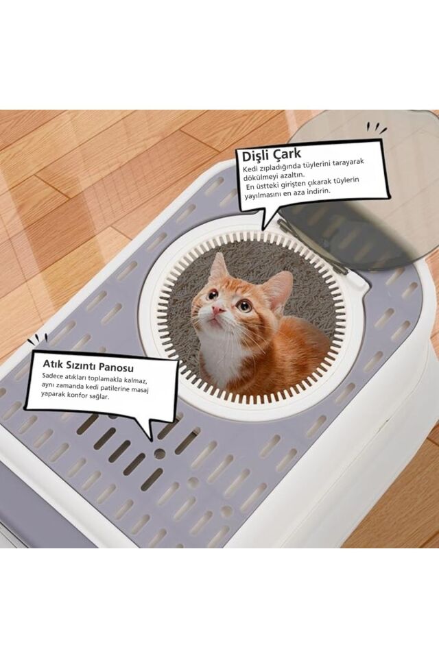 Lüx Büyük Boy Kapalı Kedi Tuvaleti Koku Giderme Üst Kapaklı(Boyun Kaşımalı)Çekmeceli Kürekli