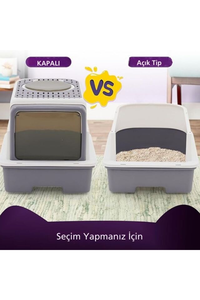Lüx Büyük Boy Kapalı Kedi Tuvaleti Koku Giderme Üst Kapaklı(Boyun Kaşımalı)Çekmeceli Kürekli