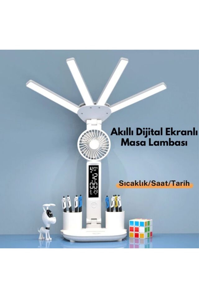 8in1 Fanlı Masa Lambası 4 Başlı Lamba Saat Takvim Derece Kalemlik Telefon Tutucu Fan Lamba