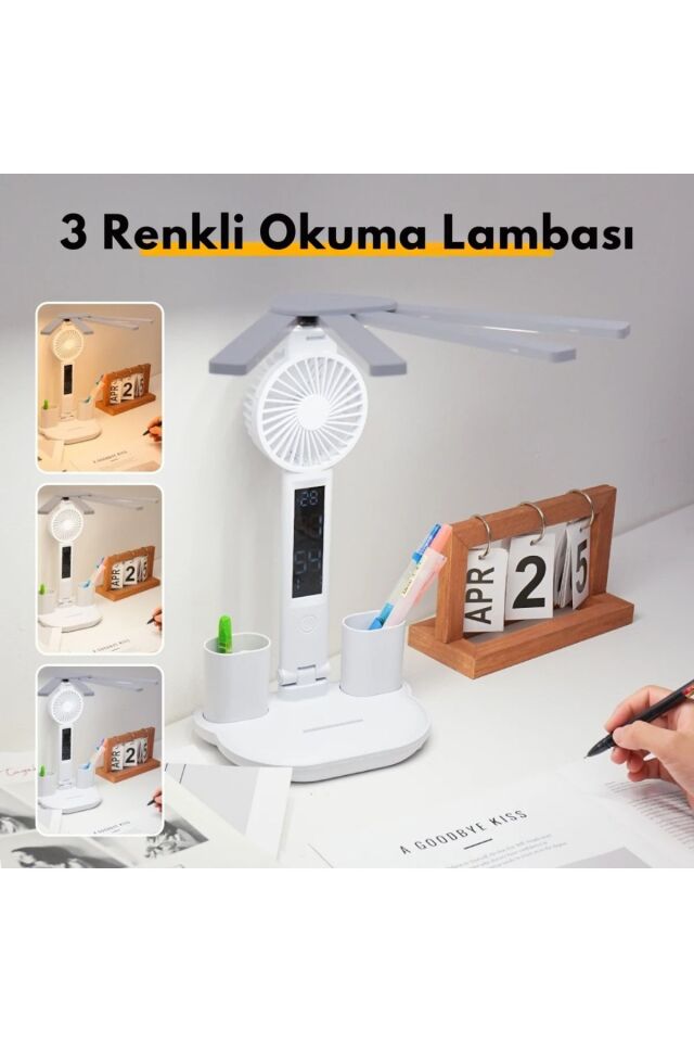 8in1 Fanlı Masa Lambası 4 Başlı Lamba Saat Takvim Derece Kalemlik Telefon Tutucu Fan Lamba