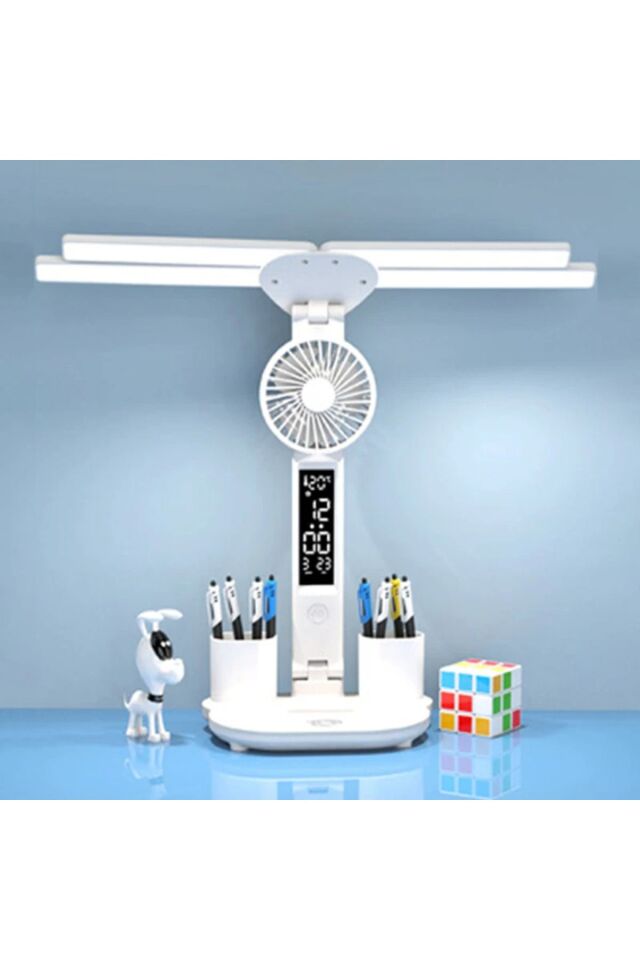8in1 Fanlı Masa Lambası 4 Başlı Lamba Saat Takvim Derece Kalemlik Telefon Tutucu Fan Lamba