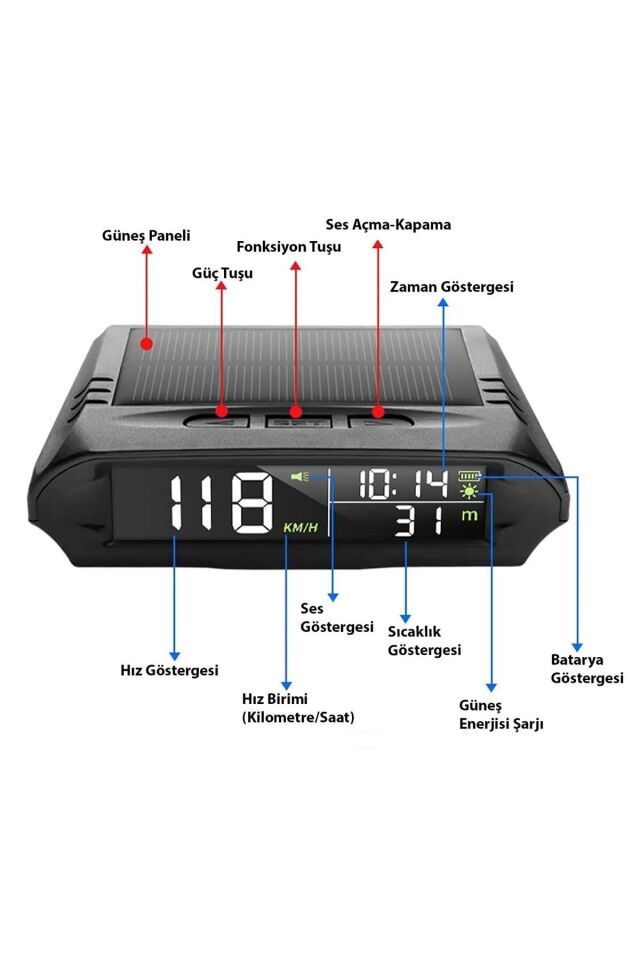 GPS Güneş Enerjili Hız Ölçer Hız Göstergesi Kablosuz KM/Hız Zaman Sıcaklık