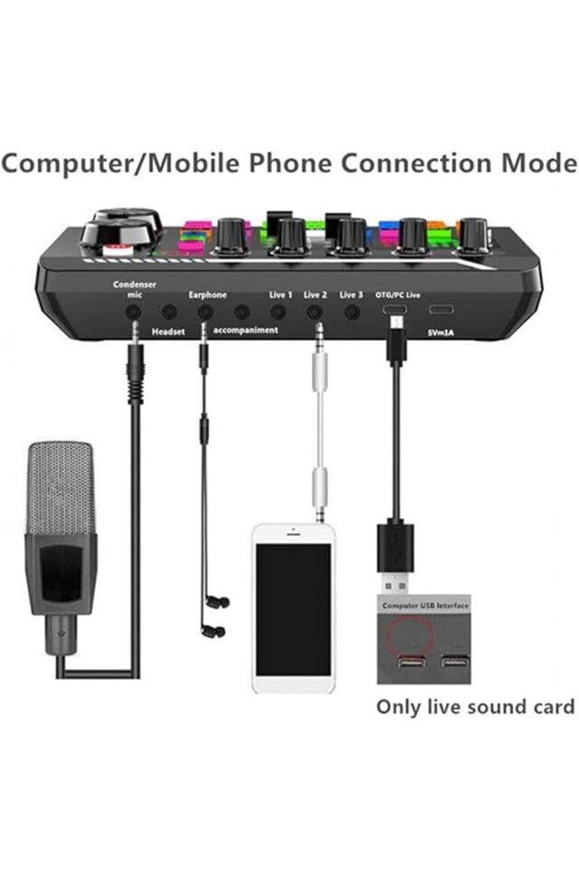 Stüdyo Kayıt Canlı Yayın Ses Mikseri Bluetooth Şarjlı Ses Kartı Dj Mikrofon Bağlantılı