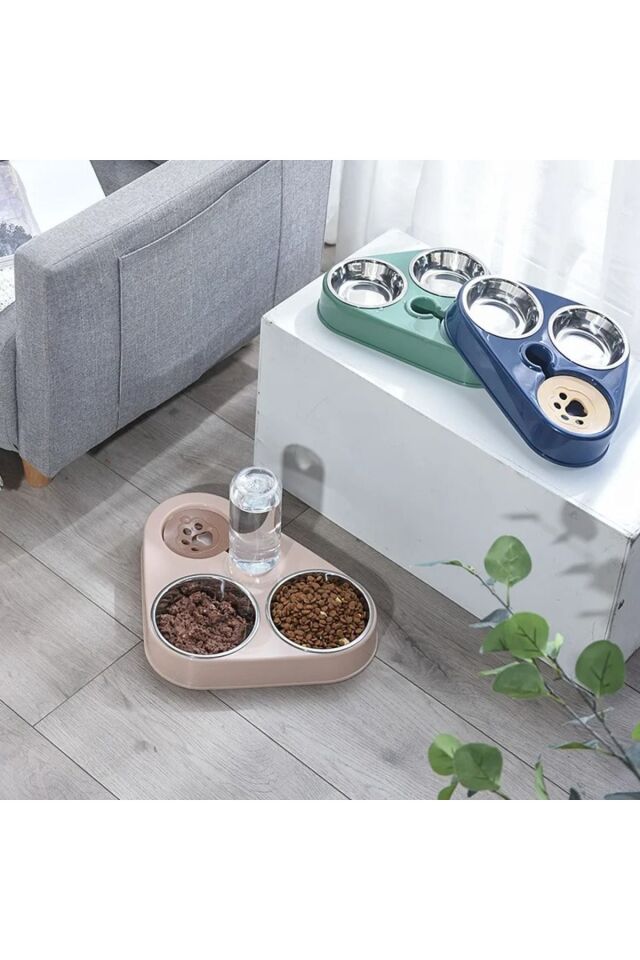 Kedi Mama Su Kabı Çelik Çift Mama Tası Evcil Hayvan Kasesi Suluk Yeşil