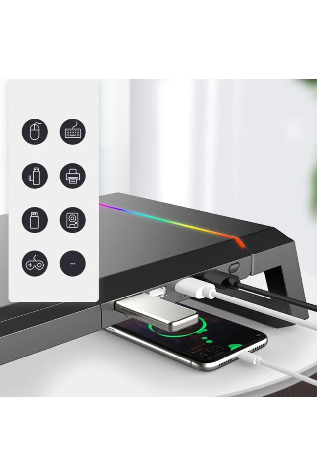 4 USB Hub RGB Işıklı Monitör Standı Katlanabilir Laptop Altlığı Yükseklik Ayarlı Stant