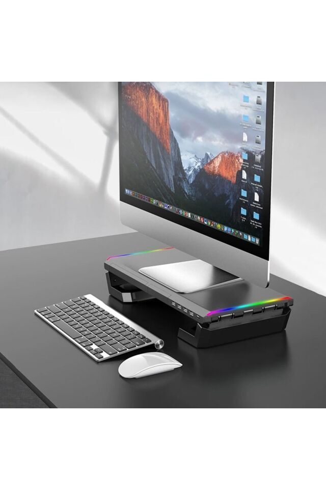 4 USB Hub RGB Işıklı Monitör Standı Katlanabilir Laptop Altlığı Yükseklik Ayarlı Stant