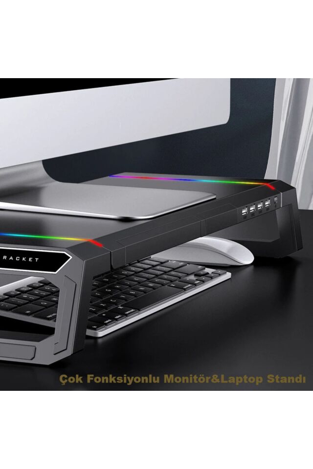 4 USB Hub RGB Işıklı Monitör Standı Katlanabilir Laptop Altlığı Yükseklik Ayarlı Stant