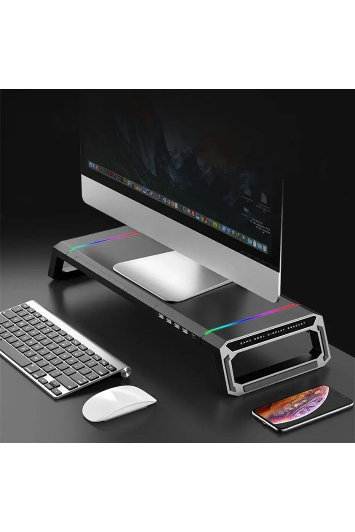 4 USB Hub RGB Işıklı Monitör Standı Katlanabilir Laptop Altlığı Yükseklik Ayarlı Stant