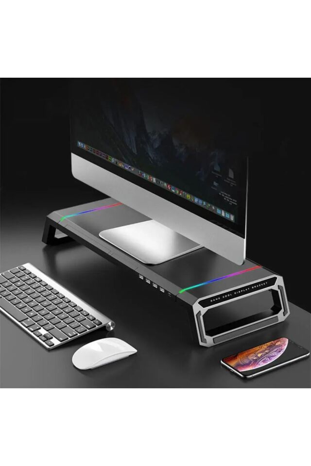 4 USB Hub RGB Işıklı Monitör Standı Katlanabilir Laptop Altlığı Yükseklik Ayarlı Stant