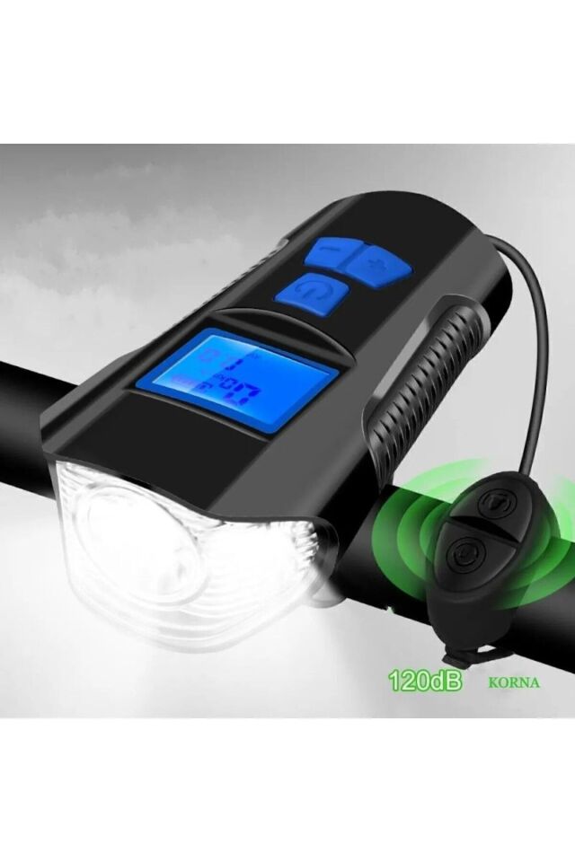 LCD Hız Göstergeli Su Geçirmez 1500Mah Kornalı Bisiklet Feneri Scooter Ön Far Lamba Işık