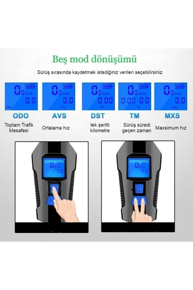 LCD Hız Göstergeli Su Geçirmez 1500Mah Kornalı Bisiklet Feneri Scooter Ön Far Lamba Işık