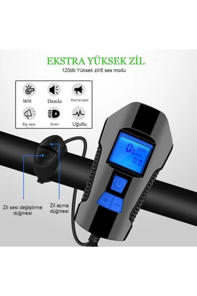 LCD Hız Göstergeli Su Geçirmez 1500Mah Kornalı Bisiklet Feneri Scooter Ön Far Lamba Işık