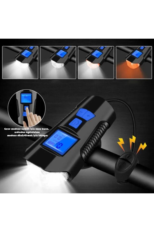 LCD Hız Göstergeli Su Geçirmez 1500Mah Kornalı Bisiklet Feneri Scooter Ön Far Lamba Işık