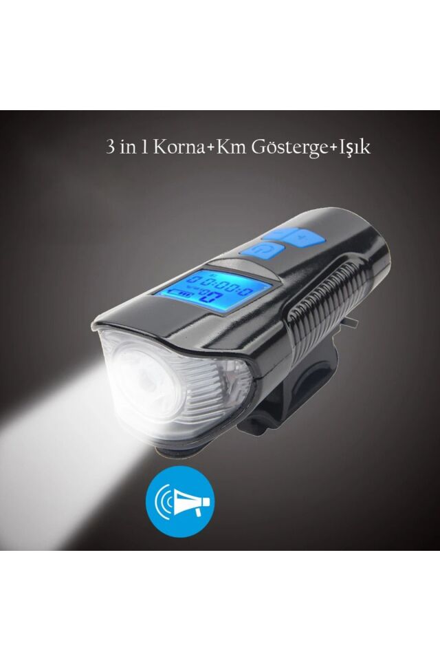 LCD Hız Göstergeli Su Geçirmez 1500Mah Kornalı Bisiklet Feneri Scooter Ön Far Lamba Işık