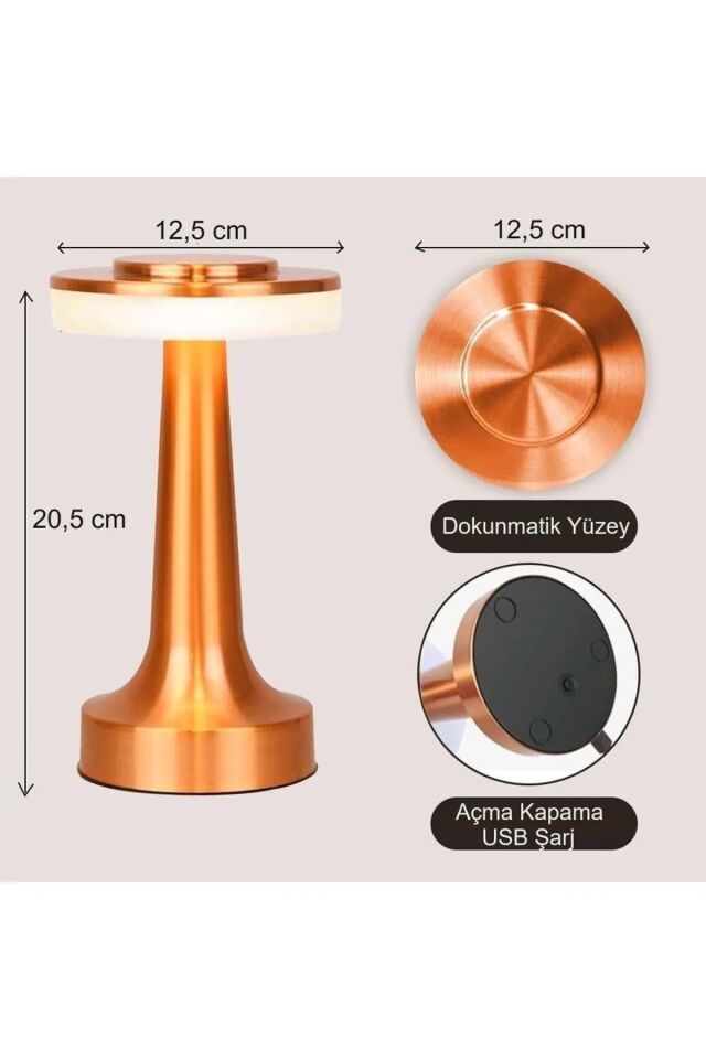 Oslo Modern Abajur Masa Lambası Şarjlı Dokunmatik 3 Renk Modlu Gold Dim Led
