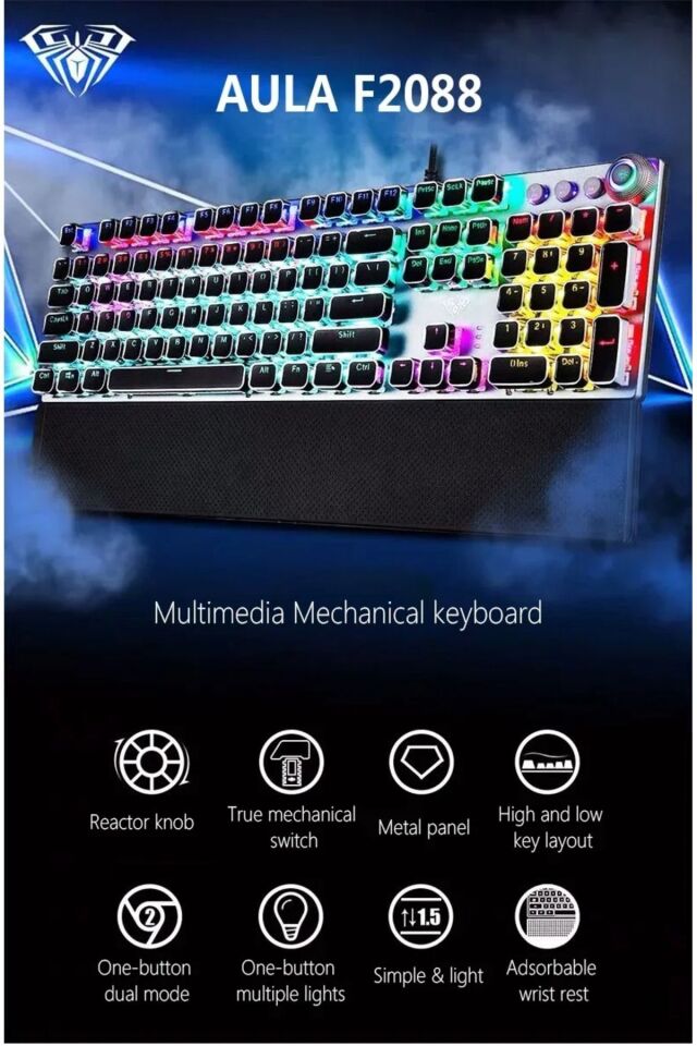 Aula F2088 Mekanik Klavye Makro Tuşlu Rgb Oyun Klavyesi Mavi Switch Gökkuşağı Aydınlatmalı