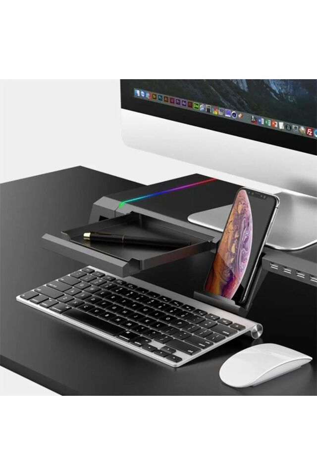 Bilgisayar Monitör Yükseltici Laptop Sehpası RGB 4 USB Hub Yükseklik Ayarlı Monitör Standı