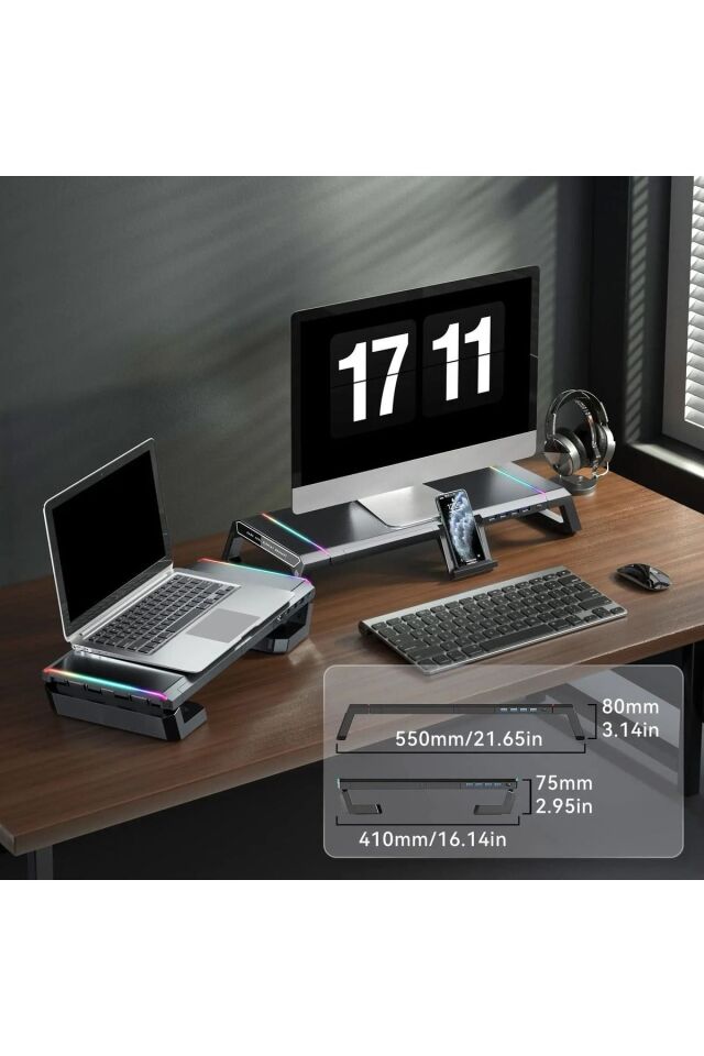 Bilgisayar Monitör Yükseltici Laptop Sehpası RGB 4 USB Hub Yükseklik Ayarlı Monitör Standı